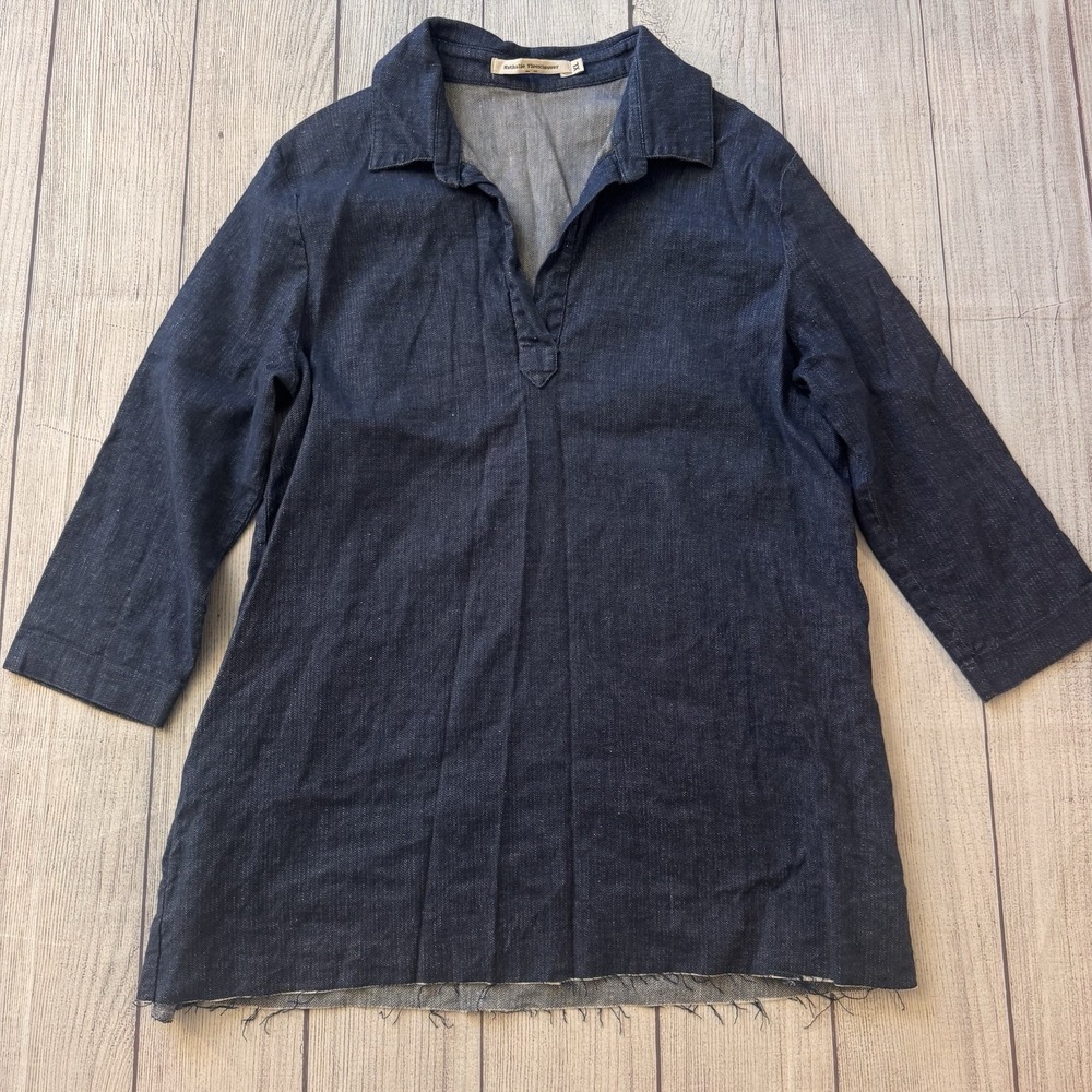 Nathalie Vleeschouwer Women's Denim Tunic Top XL 3/4 Sleeve Raw Hem Blue